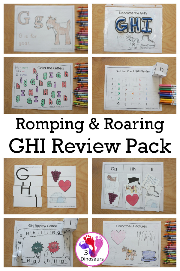 Free Romping & Roaring GHI Review Pack - with letter g, letter h, and letter i printables for reviewing the three letters with tracing, puzzles, coloring pages, finger puppets, game and more- 3Dinosaurs.com