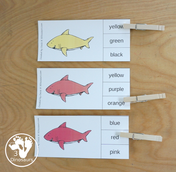 Shark Color Pack - with 63 pages of printables with color easy reader book, color clip cards, color tracing strips, color writing strips, color pocket chart cards, color word writing, color word puzzles, and more all to work on learning color words. This is a great ocean theme - 3Dinosaurs.com-  - 3Dinosaurs.com