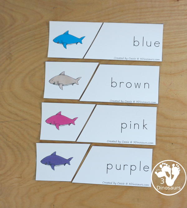 Shark Color Pack - with 63 pages of printables with color easy reader book, color clip cards, color tracing strips, color writing strips, color pocket chart cards, color word writing, color word puzzles, and more all to work on learning color words. This is a great ocean theme - 3Dinosaurs.com-  - 3Dinosaurs.com