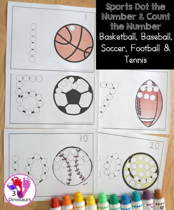 Sports Dot the Number & Counting: Basketball, Soccer, Tennis, Baseball, & Football - Numbers 1 to 20  with dot marker numbers and counting dots on the sports balls - 3Dinosaurs.com