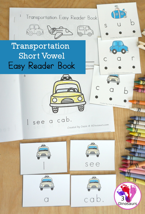 Free Transportation Easy Reader Book: Short Vowels Words - with a 9 page book with sentence cards and blending cards for the book with 8 short vowel CVC words - 3Dinosaurs.com