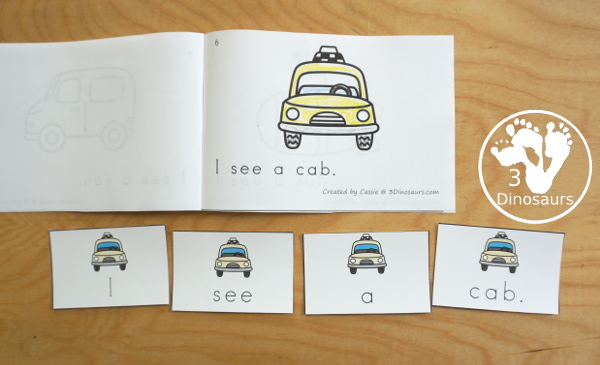 Free Transportation Easy Reader Book: Short Vowels Words - with a 9 page book with sentence cards and blending cards for the book with 8 short vowel words - 3Dinosaurs.com