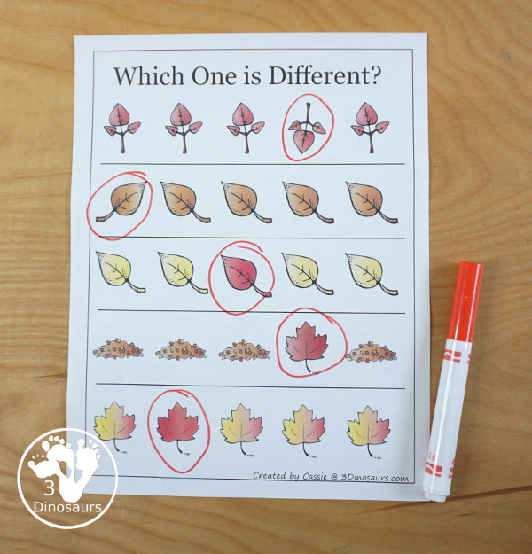 Free Leaves Activities Pack for Tot, Preschool, PreK, Kindergarten, & First Grade - A fun set of free printables with a fall leave themed with a mix of hands-on and no-prep printables - 3Dinosaurs.com