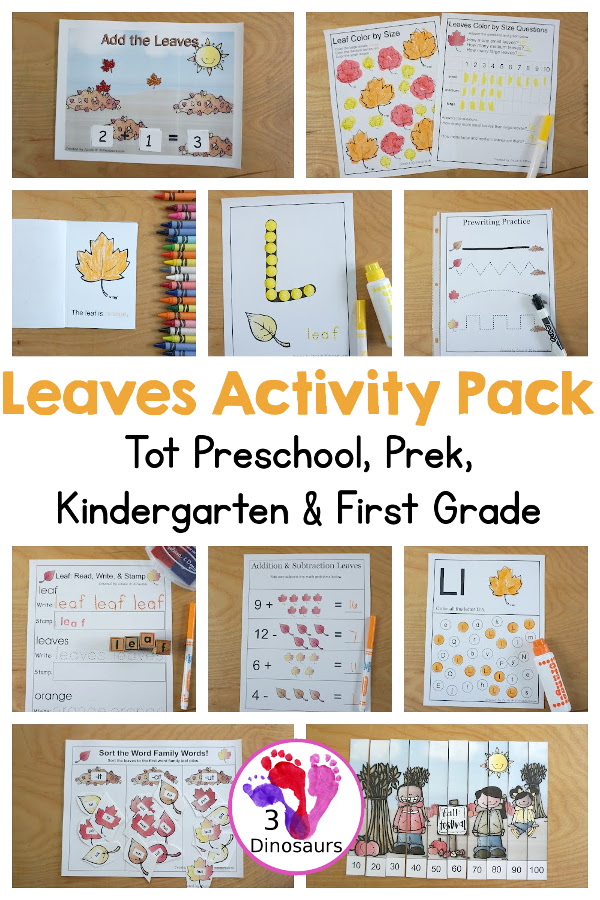 Free Leaves Activities Pack for Tot, Preschool, PreK, Kindergarten, & First Grade - A fun set of free printables with a fall leave themed with a mix of hands-on and no-prep printables - 3Dinosaurs.com