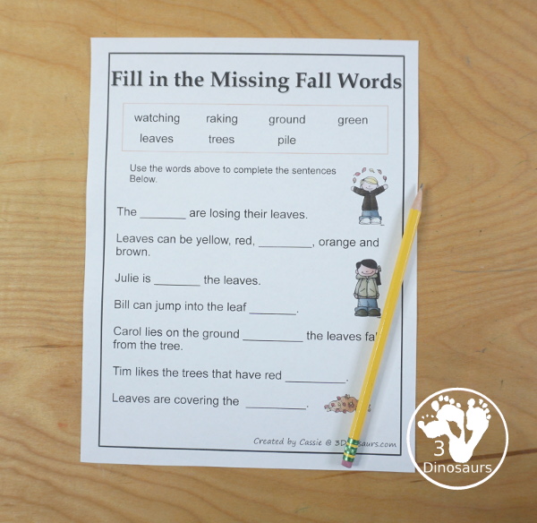 Free Leaves Activities Pack for Tot, Preschool, PreK, Kindergarten, & First Grade - A fun set of free printables with a fall leave themed with a mix of hands-on and no-prep printables - 3Dinosaurs.com