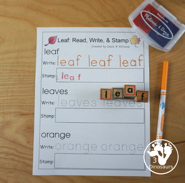 Free Leaves Activities Pack for Tot, Preschool, PreK, Kindergarten, & First Grade - A fun set of free printables with a fall leave themed with a mix of hands-on and no-prep printables - 3Dinosaurs.com