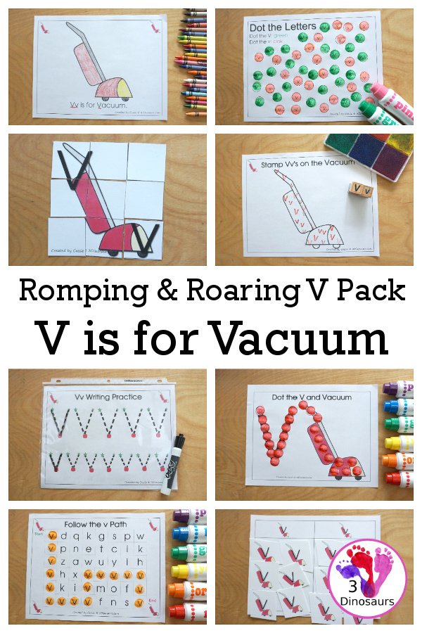 Free Romping & Roaring V Pack Letter Pack: V is for Vacuum - a letter V pack that has prewriting, finding letters Vv, tracing letters V, V coloring pages, shapes, puzzles and more - 3Dinosaurs.com