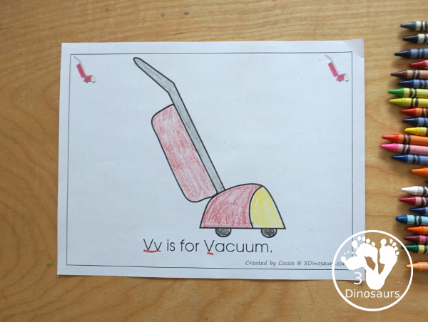 Free Romping & Roaring V Pack Letter Pack: V is for Vacuum - a letter V pack that has prewriting, finding letters Vv, tracing letters V, V coloring pages, shapes, puzzles and more - 3Dinosaurs.com