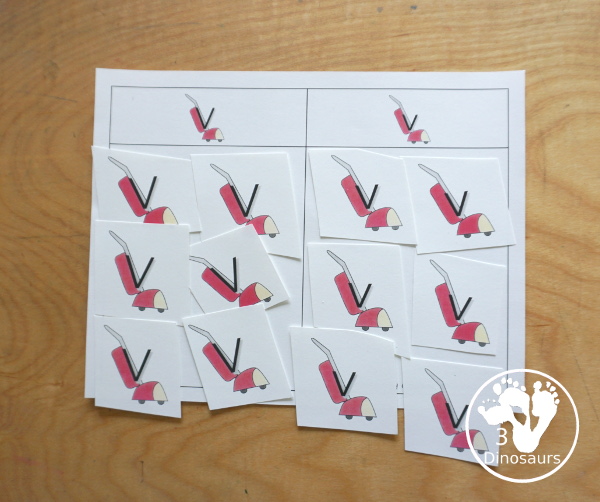 Free Romping & Roaring V Pack Letter Pack: V is for Vacuum - a letter V pack that has prewriting, finding letters Vv, tracing letters V, V coloring pages, shapes, puzzles and more - 3Dinosaurs.com