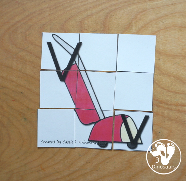 Free Romping & Roaring V Pack Letter Pack: V is for Vacuum - a letter V pack that has prewriting, finding letters Vv, tracing letters V, V coloring pages, shapes, puzzles and more - 3Dinosaurs.com