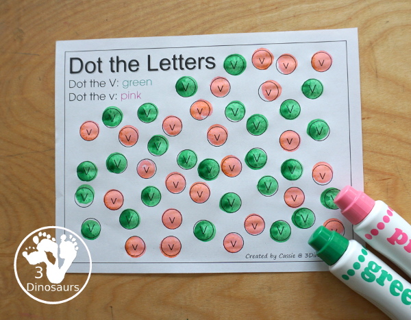 Free Romping & Roaring V Pack Letter Pack: V is for Vacuum - a letter V pack that has prewriting, finding letters Vv, tracing letters V, V coloring pages, shapes, puzzles and more - 3Dinosaurs.com