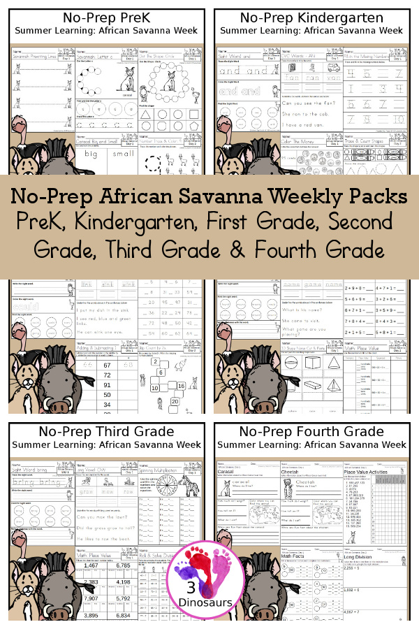 African Savanna No-Prep Weekly Packs PreK, Kindergarten, First Grade, Second Grade, Third Grade & Fourth Grade with 5 days of activities to do for each grade level With loads of different African Savanna animal themes - You will find a mix of math, language, and more - These are easy to use packs for African Savanna activities or zoo activities, summer learning, homework, early finisher, and morning work. Easy no-prep printables for kids with four pages for each day - 3Dinosaurs.com