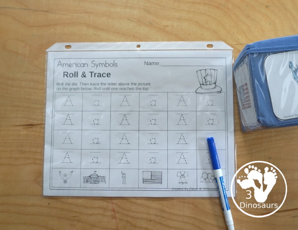 American Roll & Graph With Trace Letters, Numbers & Shapes with a folding die and cube die with a graphing sheet, graphing with tracing numbers, graphing with tracing letters and graphing with tracing shapes. All with a fun American Symbols theme for Fourth of July and Memorial Day for prek and kindergarten - 3Dinosaurs.com