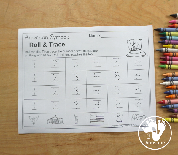 American Roll & Graph With Trace Letters, Numbers & Shapes with a folding die and cube die with a graphing sheet, graphing with tracing numbers, graphing with tracing letters and graphing with tracing shapes. All with a fun American Symbols theme for Fourth of July and Memorial Day for prek and kindergarten - 3Dinosaurs.com
