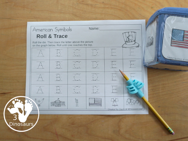 American Roll & Graph With Trace Letters, Numbers & Shapes with a folding die and cube die with a graphing sheet, graphing with tracing numbers, graphing with tracing letters and graphing with tracing shapes. All with a fun American Symbols theme for Fourth of July and Memorial Day for prek and kindergarten - 3Dinosaurs.com