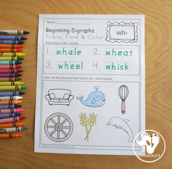 Digraph Trace, Find & Color- 13 digraphs with tracing 4 words and then finding pictures for the four words. - 3Dinosaurs.com