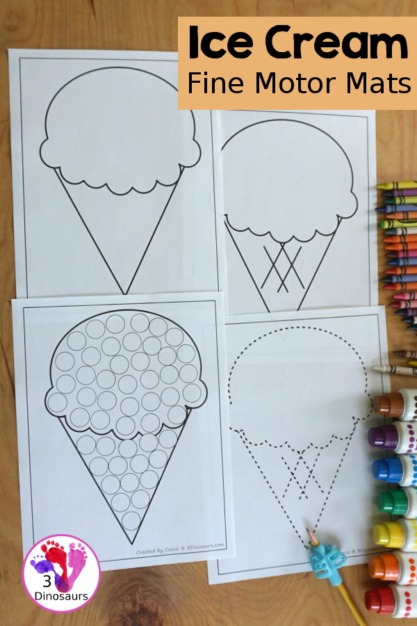 Free Ice Cream Fine Motor Mat Printables with 6 pages of fine motor printables with ice cream template printables, ice cream tracing worksheets, and ice cream dot marker printable for kids. All great for a summer fine motor center. - 3Dinosaurs.com