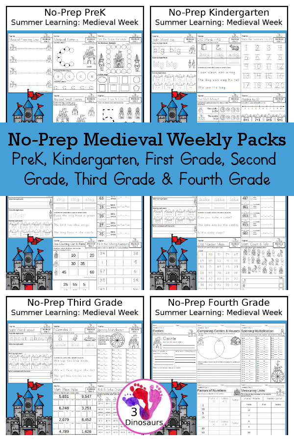 Medieval No-Prep Weekly Packs PreK, Kindergarten, First Grade, Second Grade, Third Grade & Fourth Grade with 5 days of activities to do for each grade level With loads of different medieval themes - You will find a mix of math, language, and more - These are easy to use packs for medieval activities, summer learning, homework, early finisher, and morning work. Easy no-prep printables for kids with four pages for each day - 3Dinosaurs.com