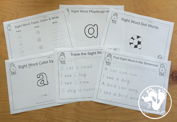 Free Romping & Roaring Preprimer Sight Words Packs Set 1: A, And, Away, Big - 6 pages of activities for each preprimer sight words: a, and, away, big. These are great for easy to use learning centers - 3Dinosaurs.com