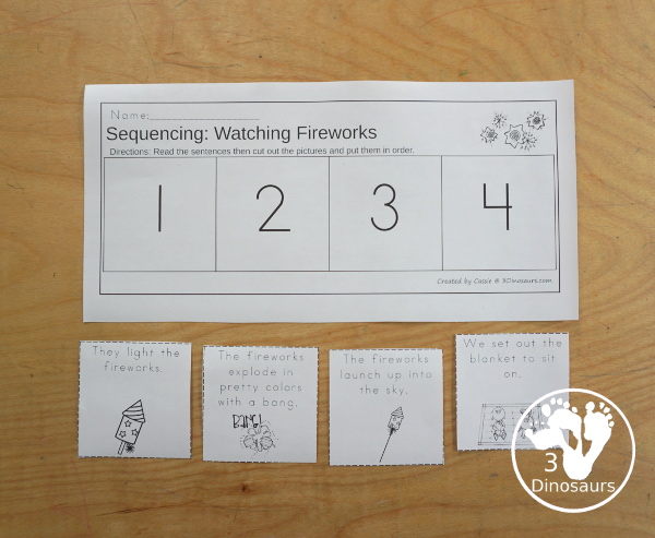 Sequencing: Watching Fireworks with clip cards, task cards, no-prep worksheets, writing activities and easy reader books $ - 3Dinosaurs.com  #sequencingforkids 