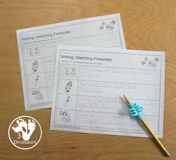 Sequencing: Watching Fireworks with clip cards, task cards, no-prep worksheets, writing activities and easy reader books $ - 3Dinosaurs.com  #sequencingforkids 