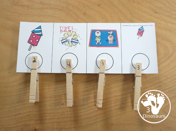 Sequencing: Watching Fireworks with clip cards, task cards, no-prep worksheets, writing activities and easy reader books $ - 3Dinosaurs.com  #sequencingforkids 