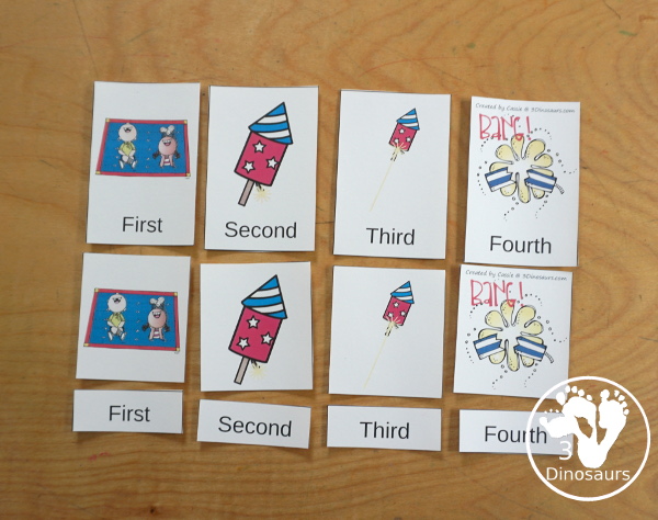 Sequencing: Watching Fireworks with clip cards, task cards, no-prep worksheets, writing activities and easy reader books $ - 3Dinosaurs.com  #sequencingforkids 