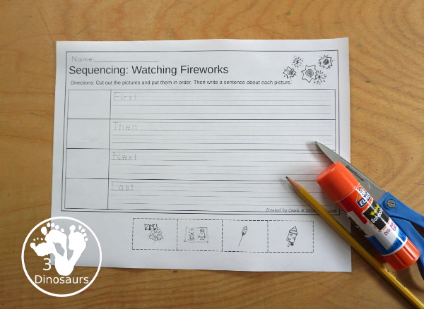 Sequencing: Watching Fireworks with clip cards, task cards, no-prep worksheets, writing activities and easy reader books $ - 3Dinosaurs.com  #sequencingforkids 