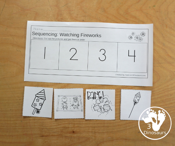 Sequencing: Watching Fireworks with clip cards, task cards, no-prep worksheets, writing activities and easy reader books $ - 3Dinosaurs.com  #sequencingforkids 