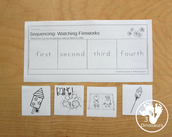 Sequencing: Watching Fireworks with clip cards, task cards, no-prep worksheets, writing activities and easy reader books $ - 3Dinosaurs.com  #sequencingforkids 