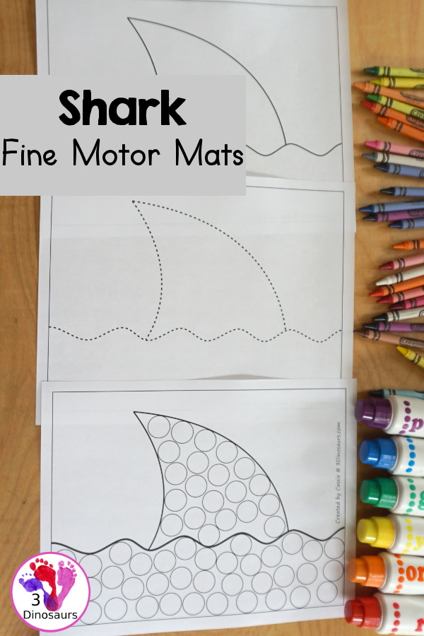 Free Shark Fin Fine Motor Mat Printables - three fun shark fine motor mats with a shark fin template printable, shark find tracing printable, and shark fin dot marker printable - 3Dinosaurs.com