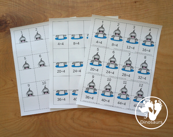 Shark Multiplication & Division Cut & Paste and Matching with cut and paste worksheets for division and multiplication with numbers 1 to 12 and match puzzles and matching mats for division and multiplication - 3Dinosaurs.com