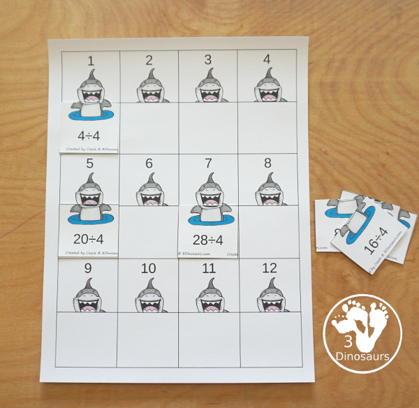 Shark Multiplication & Division Cut & Paste and Matching with cut and paste worksheets for division and multiplication with numbers 1 to 12 and match puzzles and matching mats for division and multiplication - 3Dinosaurs.com