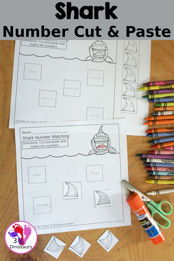Free Shark Cut and Paste Numbers Worksheet - with matching numbers and words with a shark fin theme - 3Dinosaurs.com