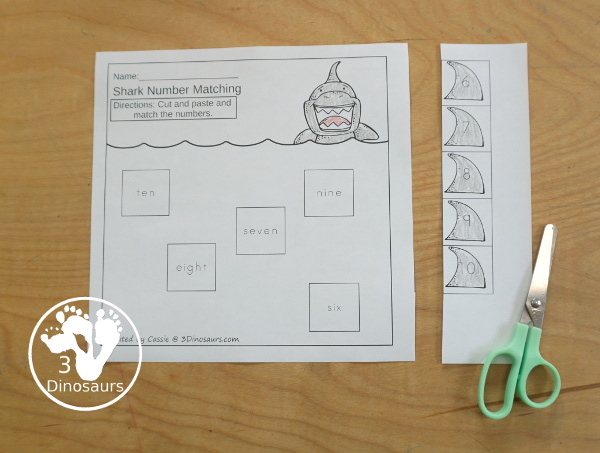 Free Shark Cut and Paste Numbers Worksheet - with matching numbers and words with a shark fin theme - 3Dinosaurs.com