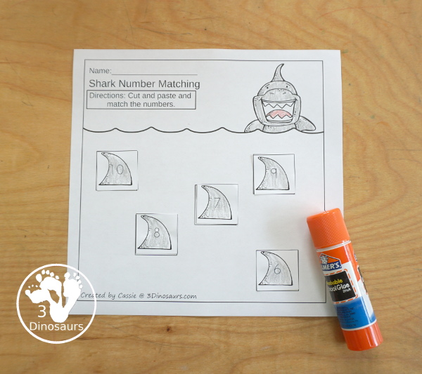 Free Shark Cut and Paste Numbers Worksheet - with matching numbers and words with a shark fin theme - 3Dinosaurs.com