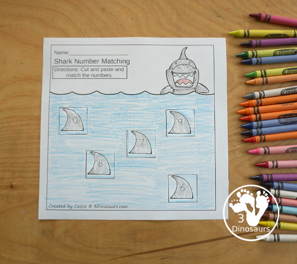 Free Shark Cut and Paste Numbers Worksheet - with matching numbers and words with a shark fin theme - 3Dinosaurs.com