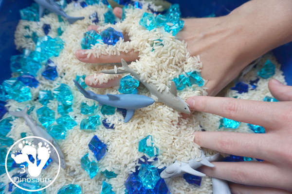 Shark Rice Sensory Bin for shark week with a mix of acrylic rocks, rice and a shark toob for the shark figures for kids to play in prek and kindergarten - 3Dinosaurs.com