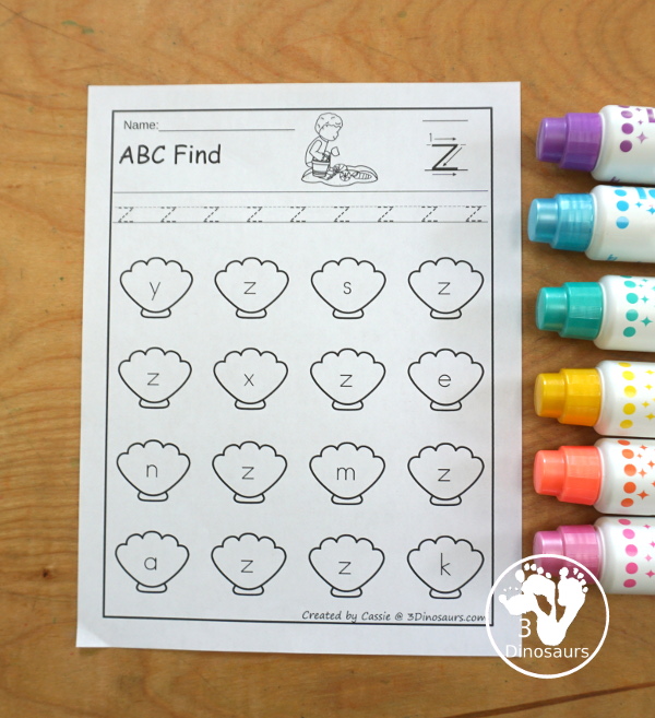 Beach ABC Letter Find Printable with all 26 letters of the alphabet. You trace the letters and then find the letters on the sea shells. You have uppercase only and lowercase only. You have 52 pages in the set.  - 3Dinosaurs.com