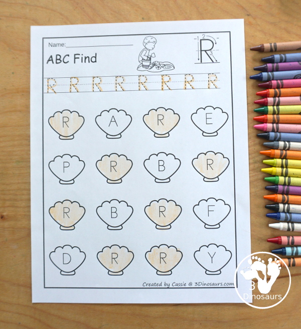 Beach ABC Letter Find Printable with all 26 letters of the alphabet. You trace the letters and then find the letters on the sea shells. You have uppercase only and lowercase only. You have 52 pages in the set.  - 3Dinosaurs.com