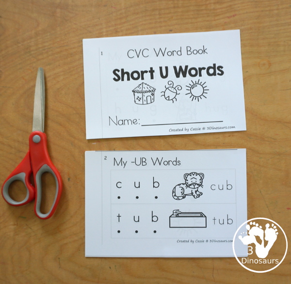 Free CVC Short U Word Book: Blending Words - a simple easy reader book with blends words for CVC short U words with sounding out letters and then blends the letters to make a word. - 3Dinosaurs.com
