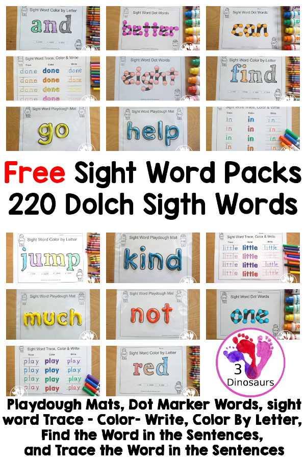 Free Sight Word Packs For Dolch Sight Words - six pages of printables for each sight word and easy to use printables to work on learning sight words.- 3Dinosaurs.com