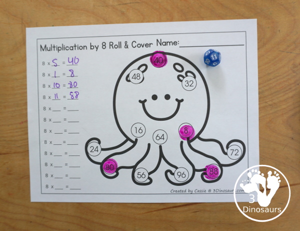 Ocean Multiplication Roll & Cover  has multiplication 1 to 12 and 1 to 15 with two options of equations for each set. You can color and black and white options- 3Dinosaurs.com