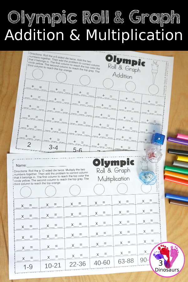 Free Olympic Roll and Graph Math for Addition & Multiplication - fun printables to work on math during the Olympics with rolling and filling out the graph - 3Dinosaurs.com