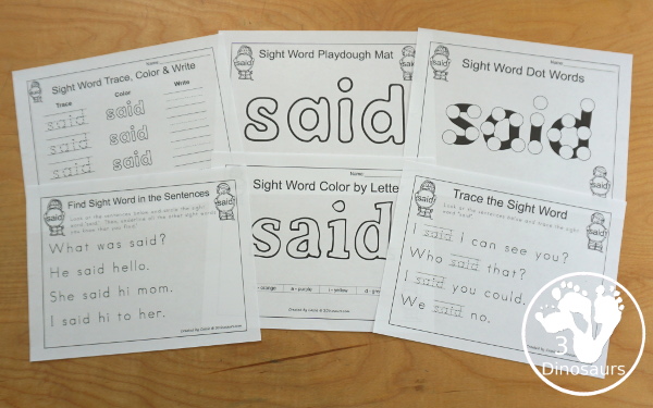 Romping & Roaring Preprimer Sight Words: Run, Said, See, The - you have 6 pages for each sight word that work on learning the sight word different ways with reading, writing, and finding. 3Dinosaurs.com