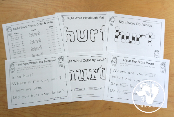 Free Romping & Roaring Third Grade Sight Words Packs Set 5: Hot, Hurt, if, Keep - 6 pages of activities for each third Grade sight words: hot, hurt, if, keep. These are great for easy to use learning centers - 3Dinosaurs.com