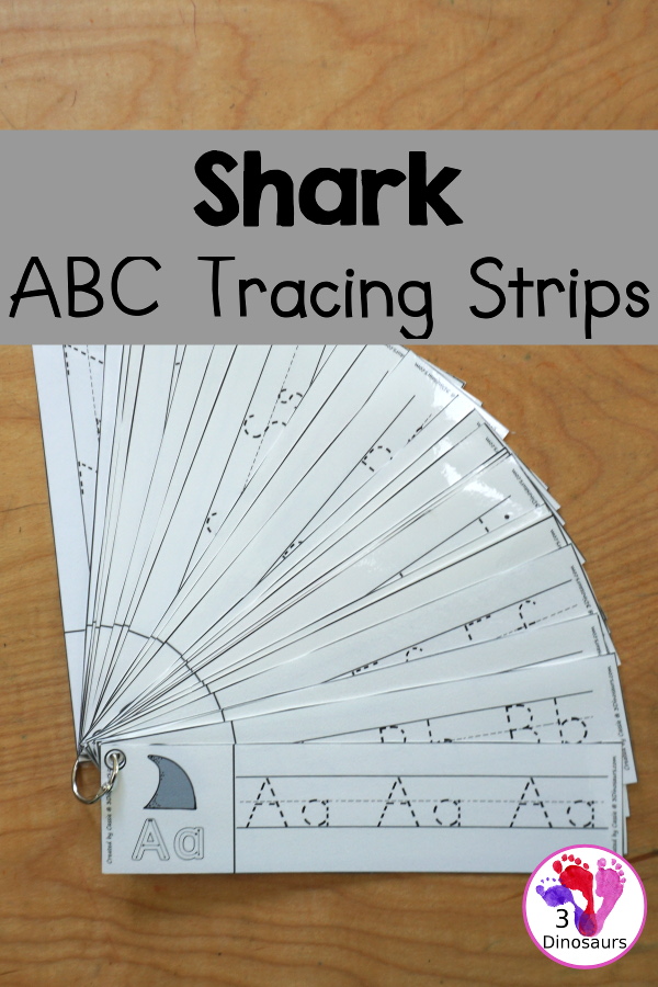 Free Shark ABC Tracing Strips - with uppercase and lowercase together. You have fun kids with a shark fin plus you can see an example of how to trace the letters. They have all 26 letters of the alphabet - 3Dinosaurs.com