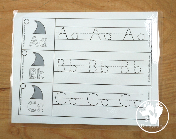 Free Shark ABC Tracing Strips - with uppercase and lowercase together. You have fun kids with a shark fin plus you can see an example of how to trace the letters. They have all 26 letters of the alphabet - 3Dinosaurs.com