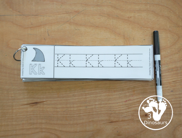 Free Shark ABC Tracing Strips - with uppercase and lowercase together. You have fun kids with a shark fin plus you can see an example of how to trace the letters. They have all 26 letters of the alphabet - 3Dinosaurs.com