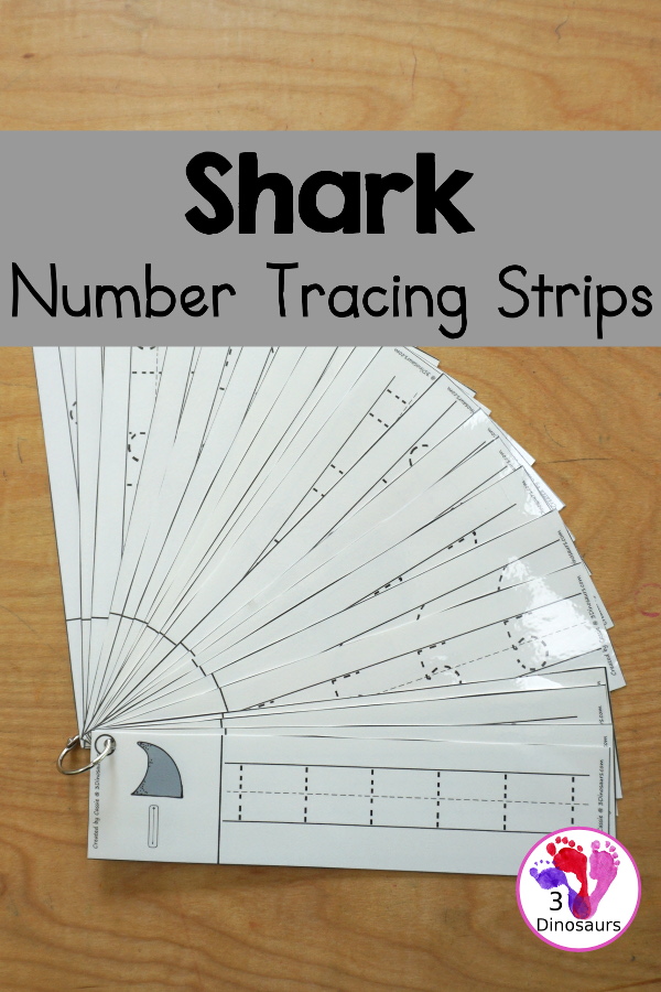 Free Shark Number Tracing Strips - with numbers 0 to 20. You can tracing the numbers and an example of how to trace the numbers on the strips, plus an shark fin on each tracing strip. - 3Dinosaurs.com